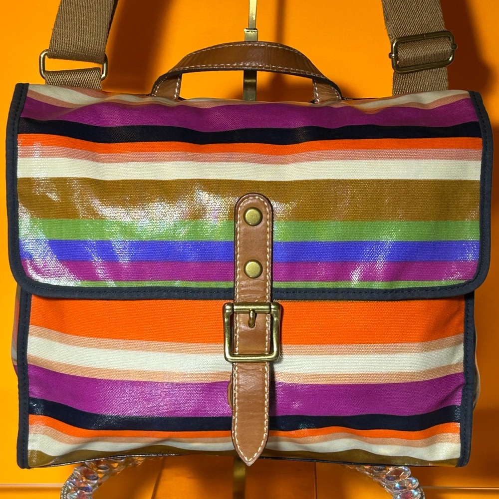 Fossil Canvas Coated Striped Multicolor Bag 14” x 11.5” x 3.5” NWOT